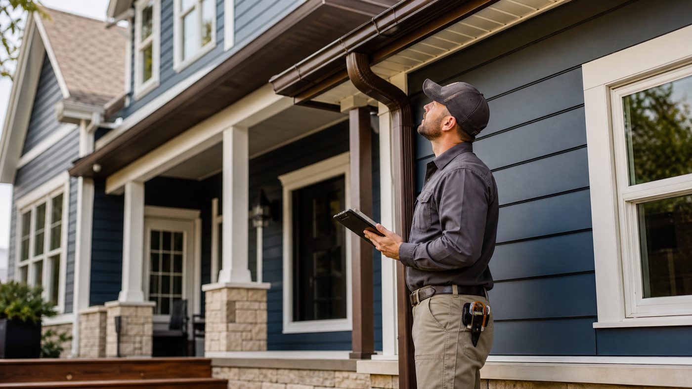 Contractor-led home maintenance technician inspecting gutters and exterior siding on a well-kept home